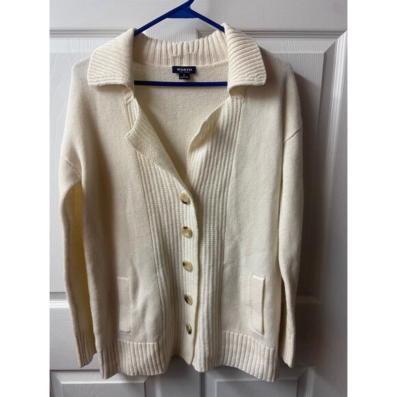 Worth Cashmere Wool Blend Cardigan Sweater Women Small Cream Collared Grannycore - Picture 1 of 7